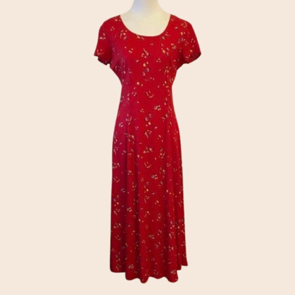Vintage 90's Red Floral Short Sleeve Midi Dress Size 5/6